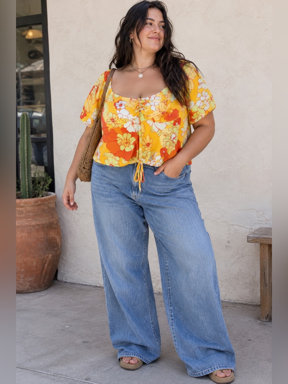 modcloth retro 70s floral peasant blouse boho puff sleeve tie front top 4xl nwt